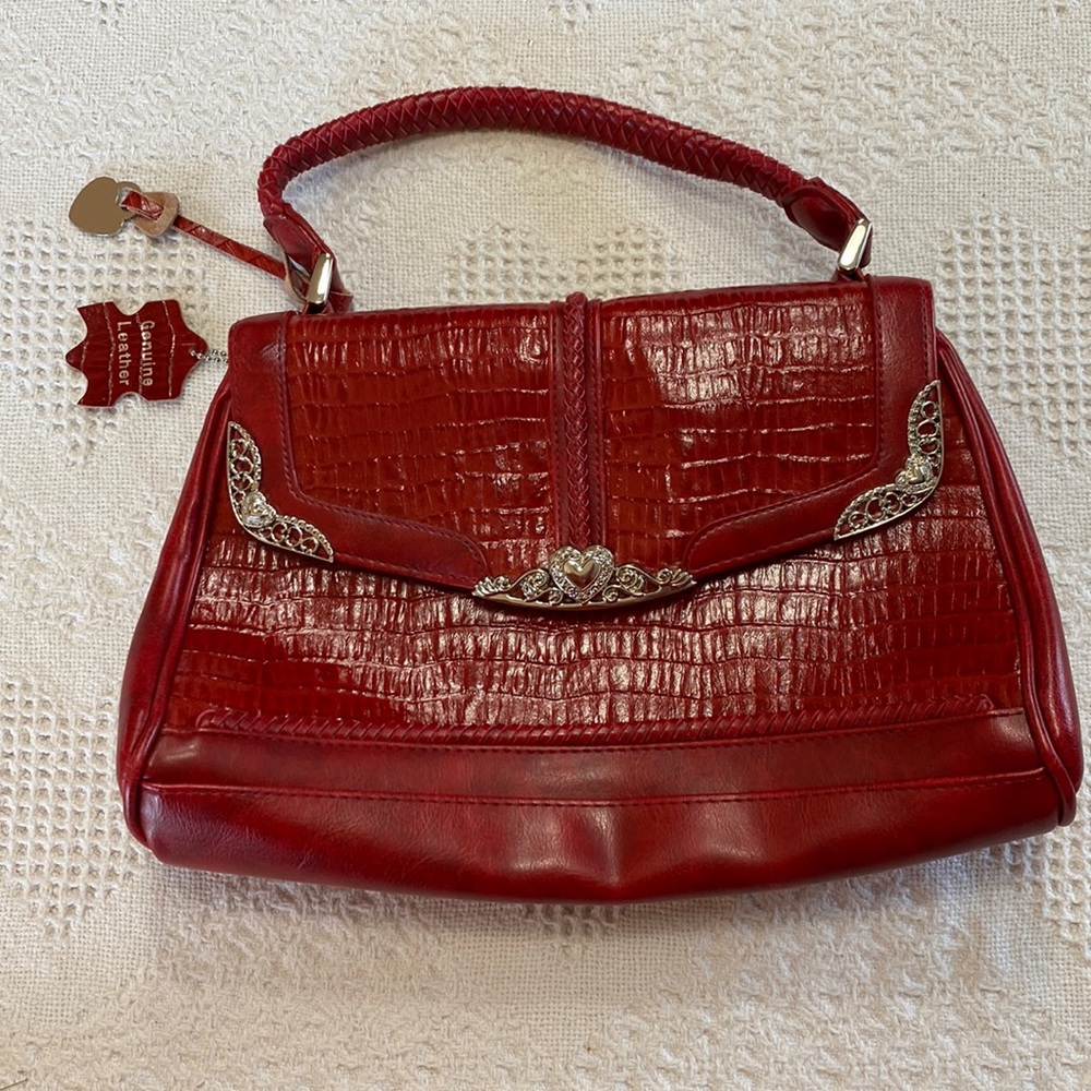 Elegant Classic Scarlet Red Faux Croc Shoulder Bag